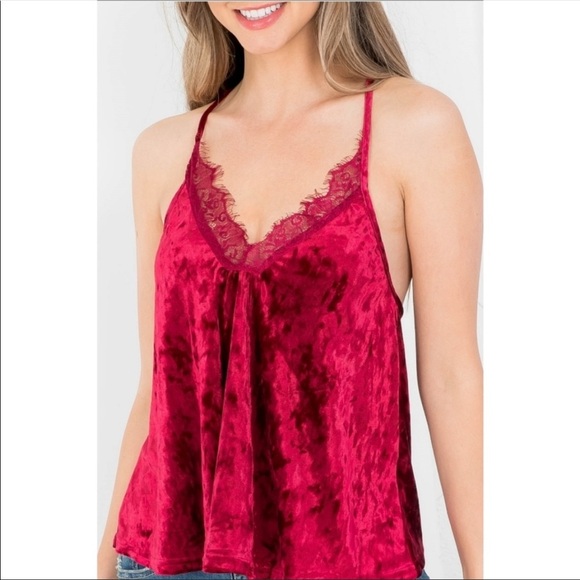 ILLA ILLA  Halter top  Deep Crimson Red  lace trim Crushed Velvet  Size S. NWT - Picture 6 of 7